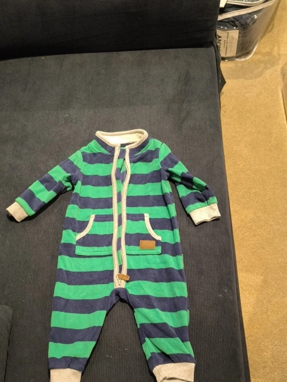 Carter's Green and Navy Striped Zip-Up Footie One-Piece